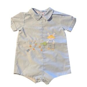 Vintage House of Hatten Baby Boy Romper Blue Bunny Garden Easter Embroidered 12M